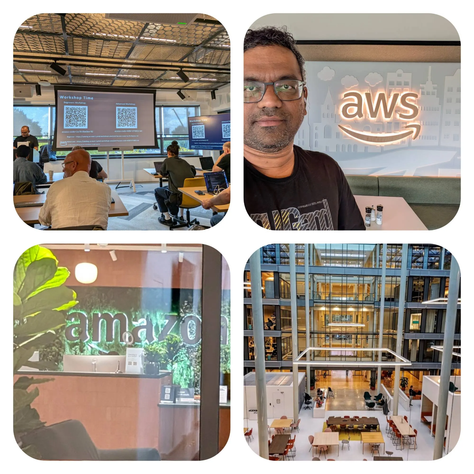 A collage from Amazon's Amsterdam office: the Claude Code on Amazon Bedrock workshop with beginner and advanced tracks on screen, Ravindra Shinde in front of the illuminated AWS logo, the Amazon reception, and the building's atrium.