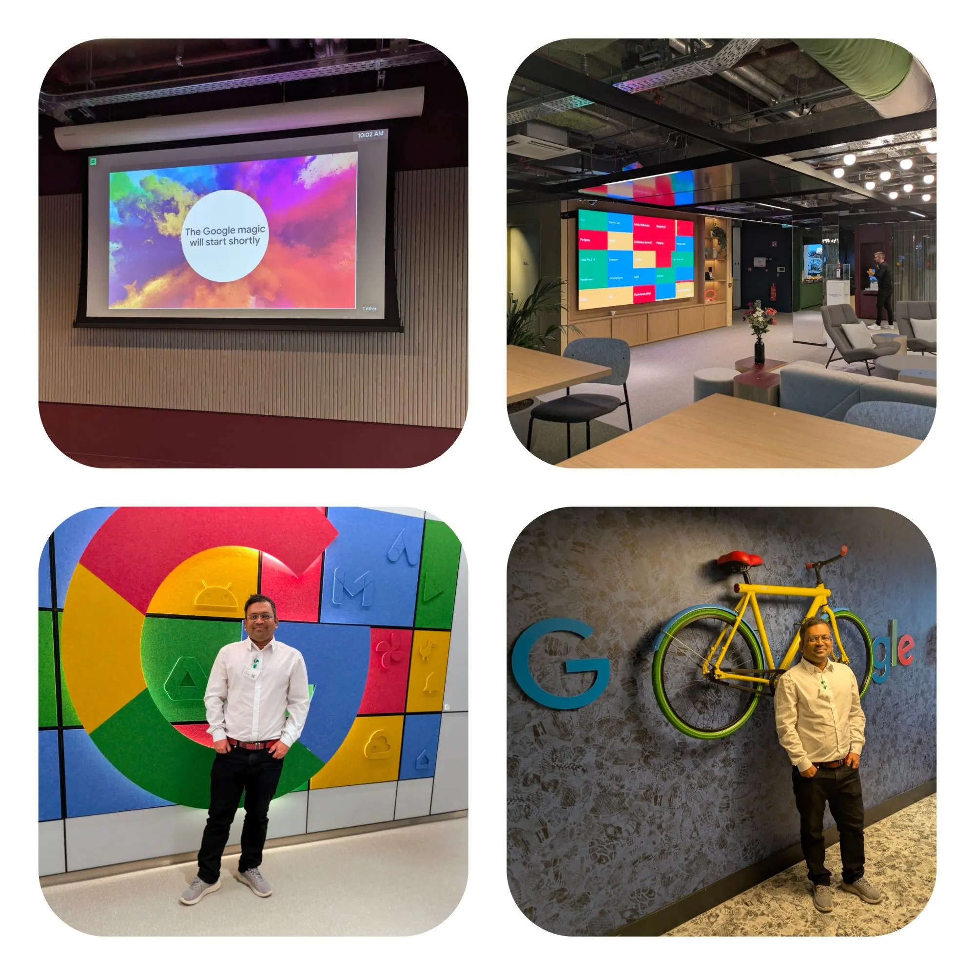 A collage from the Google office in Amsterdam: a screen reading "The Google magic will start shortly", a lounge with a colourful display wall, and Ravindra Shinde in front of the felt Google logo wall and beside a yellow Google bike.